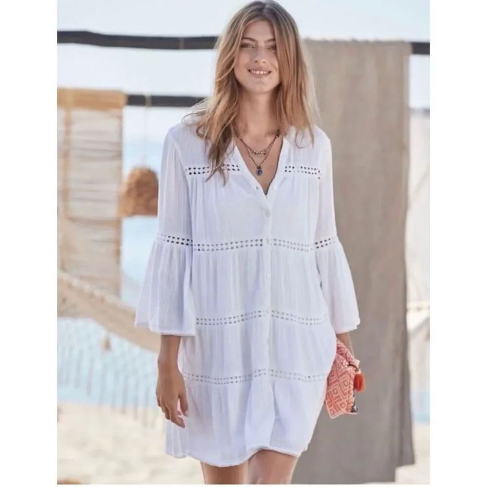 ✨Sundance Midori Day Dress 100% Cotton Bell Sleeves Eyelet Sz Large Coverup✨
